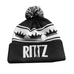 Black and White Striped Knit Beanie with Pom and Rittz Logo